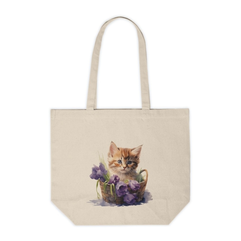 Floral Cat in a Basket Custom Canvas Tote Bag